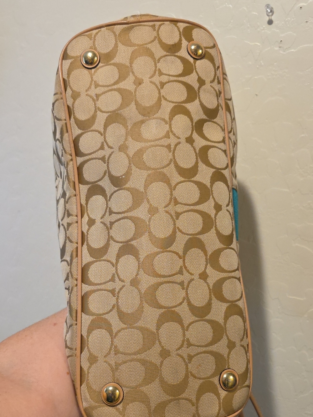 Coach Tan Signature Canvas Tote with Teal Center Stripe - Picture 8 of 16
